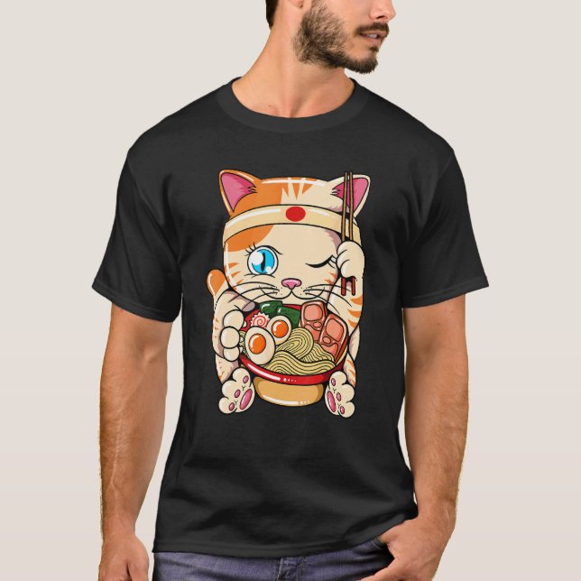 Camiseta Gato comiendo Ramen Baka Japonés (Anverso)