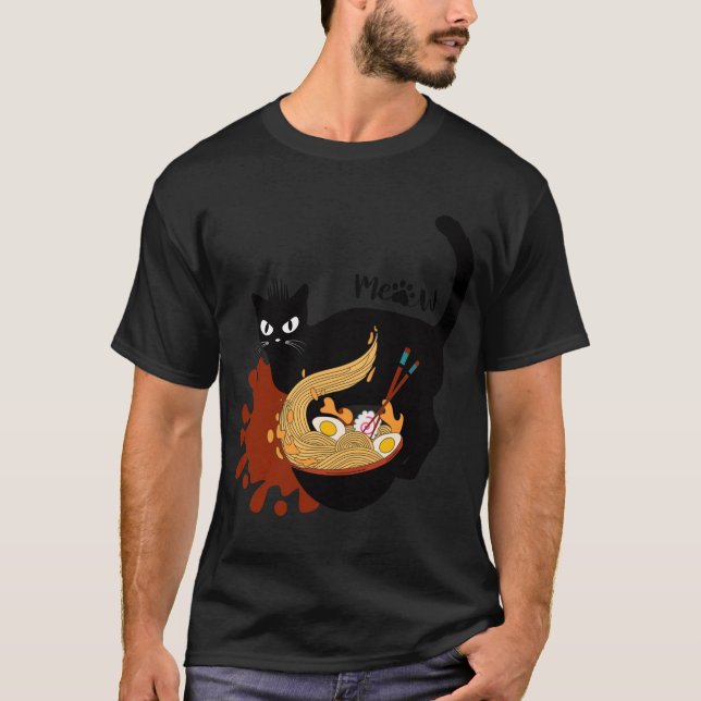 Camiseta Gato comiendo Ramen. Crazy Hungry Black Cat del in (Anverso)