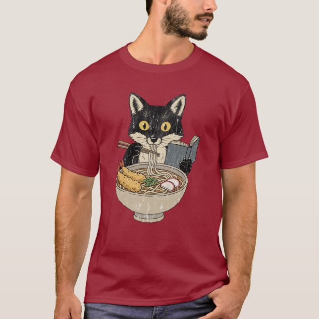 Camiseta Gato comiendo ramen leyendo libro (Anverso)