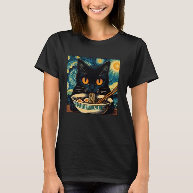 Camiseta Gato comiendo Ramen, Van Gogh de noche estrellada, (Anverso)