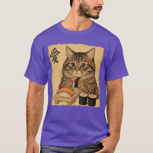 Camiseta Gato comiendo sushi divertido arte japonés estilo 