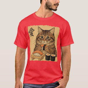 Camiseta Gato comiendo sushi divertido arte japonés estilo 