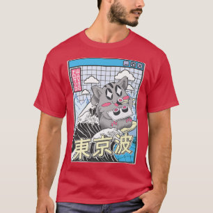 Camiseta Gato comiendo sushi surfeando Kanagawa Wave Kawaii
