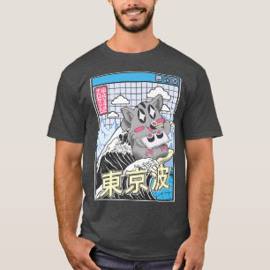 Camiseta Gato comiendo sushi surfeando Kanagawa Wave Kawaii