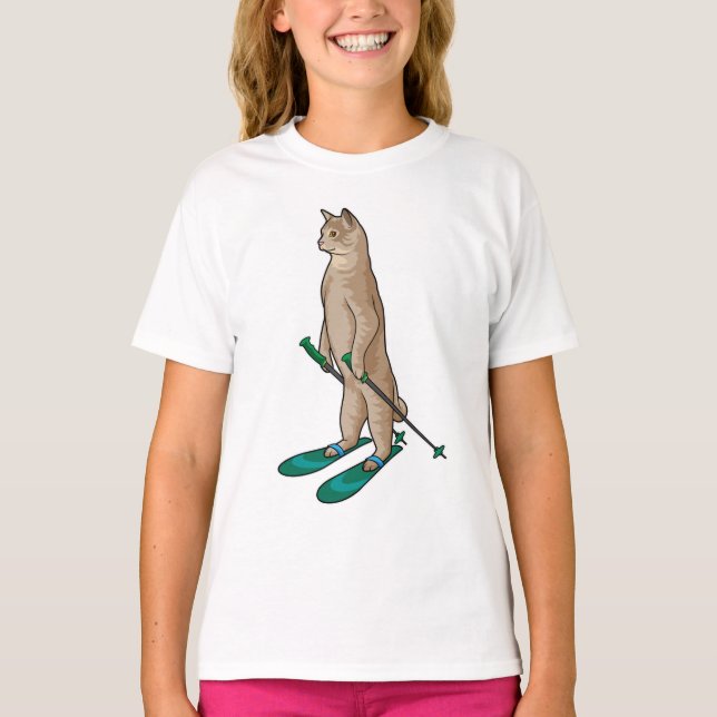 Camiseta Gato como esquiador con bastones de esquí y esquí (Anverso)