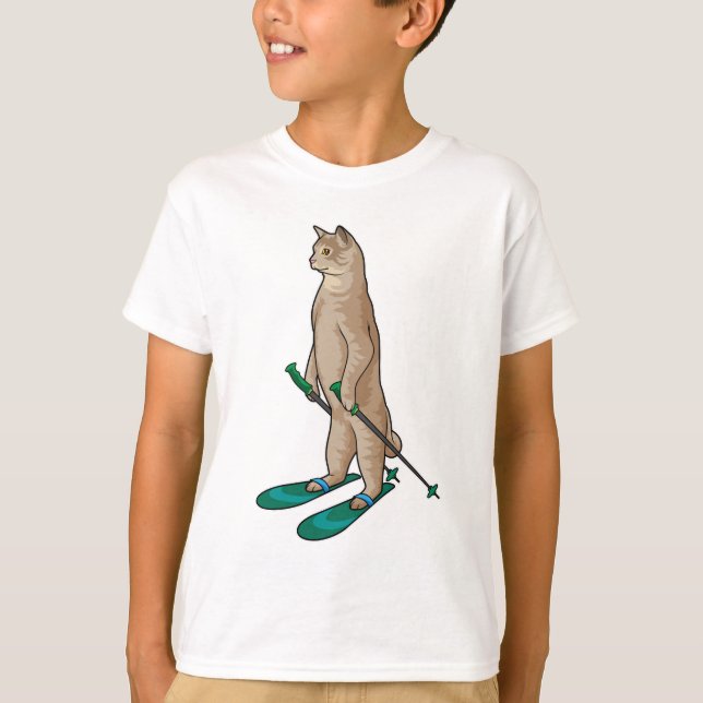 Camiseta Gato como esquiador con bastones de esquí y esquí (Anverso)