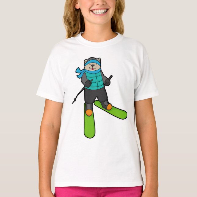 Camiseta Gato como esquiador con esquí (Anverso)