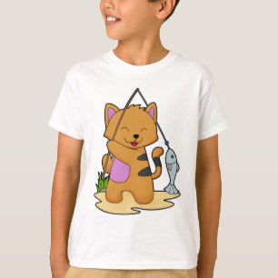 Camiseta Gato como pescador con barra de pesca y pescado
