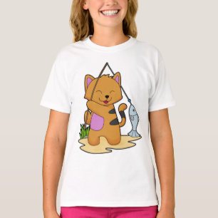 Camiseta Gato como pescador con barra de pesca y pescado