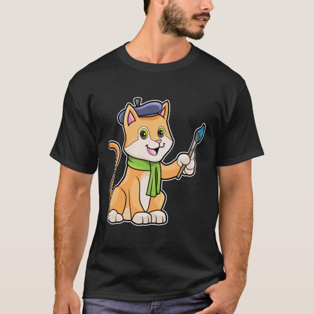 Camiseta Gato como pintor con pincel y bufanda (Anverso)