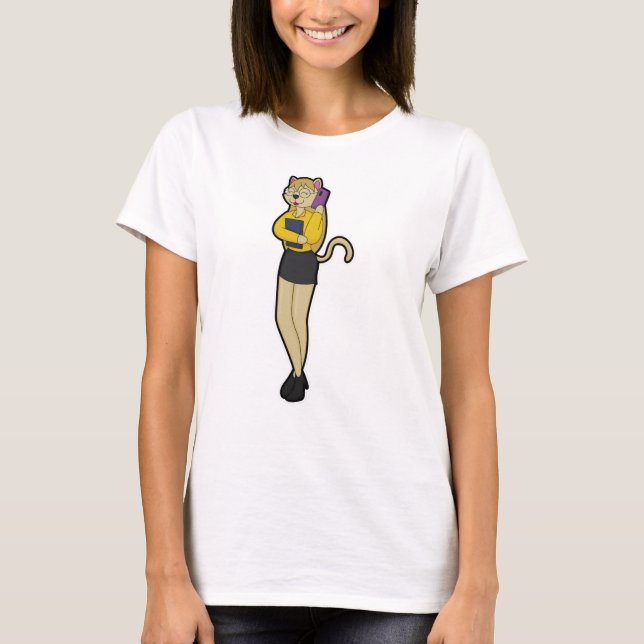 Camiseta Gato como secretario con portátil y teléfono móvil (Anverso)
