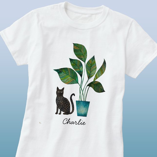Camiseta Gato con acuarela de planta con protección persona (Personalized name watercolor cat with houseplant art t-shirt)