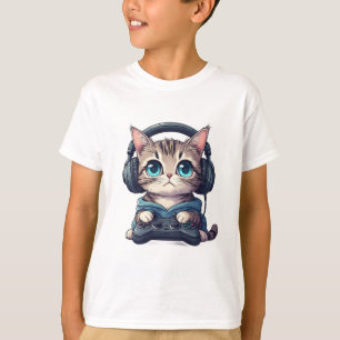 Camiseta Gato con auriculares y controlador