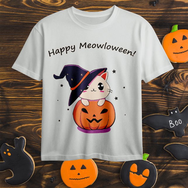 Camiseta Gato con bruja gorra en Halloween Jack-O-Lantern (Subido por el creador)