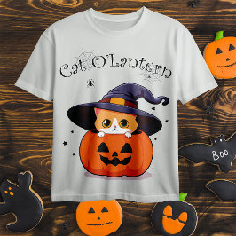 Camiseta Gato con bruja gorra en Halloween Jack-O-Lantern