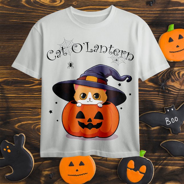 Camiseta Gato con bruja gorra en Halloween Jack-O-Lantern (Subido por el creador)