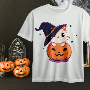 Camiseta Gato con bruja gorra en Halloween Jack-O-Lantern