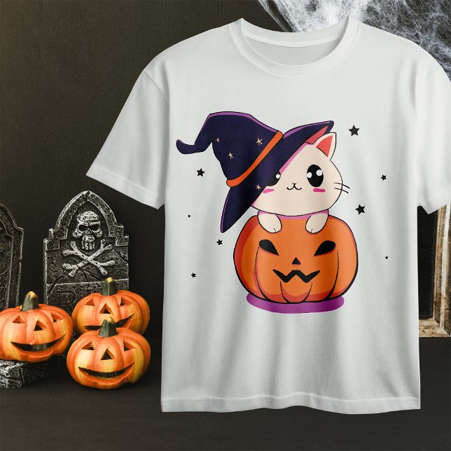 Camiseta Gato con bruja gorra en Halloween Jack-O-Lantern (Subido por el creador)