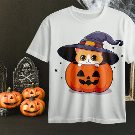 Camiseta Gato con bruja gorra en Halloween Jack-O-Lantern