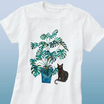 Camiseta Gato con color de agua de la planta de Monstera<br><div class="desc">Moderna pintura acuática de un pequeño gato negro sentado junto a una planta de Monstera Deliciosa o de queso suizo en una olla azul turquesa. Arte original de Nic Squirrell. Ideal para los amantes de los gatos y de las plantas domésticas.</div>