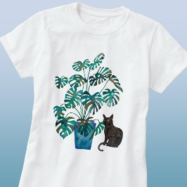Camiseta Gato con color de agua de la planta de Monstera