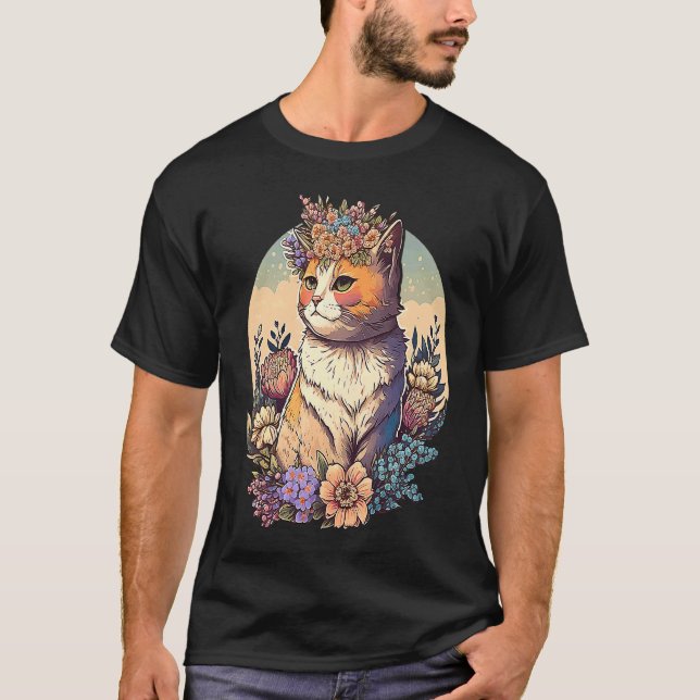 Camiseta Gato con corona de flores  3 (Anverso)
