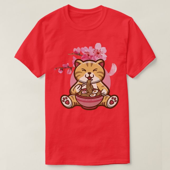 Camiseta Gato con fideos de Ramen y flores de cerezo sakura (Diseño del anverso)