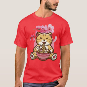 Camiseta Gato con fideos de Ramen y flores de cerezo sakura