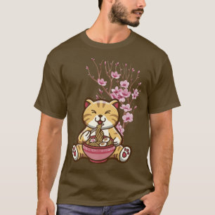 Camiseta Gato con fideos de Ramen y flores de cerezo sakura
