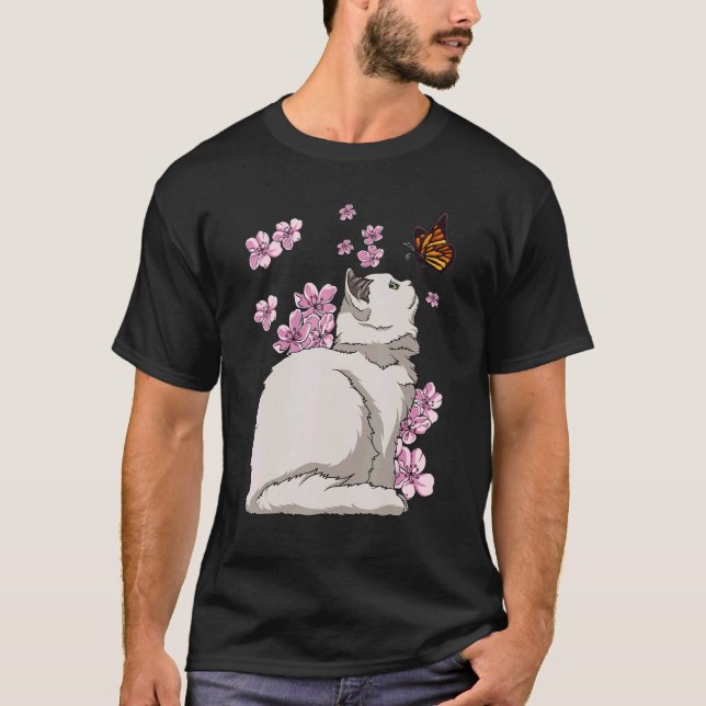 Camiseta Gato con flor de cerezo Sakura japonés de mariposa (Anverso)