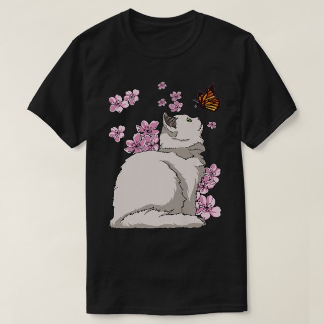 Camiseta Gato con flor de cerezo Sakura japonés de mariposa (Diseño del anverso)