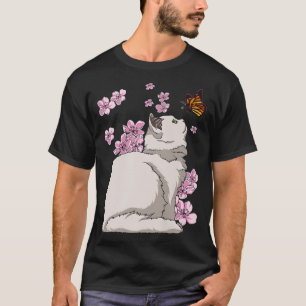Camiseta Gato con flor de cerezo Sakura japonés de mariposa
