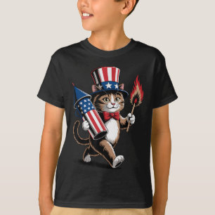 Camiseta Gato Con Fuegos Artificiales 4 De Julio Niños Pequ