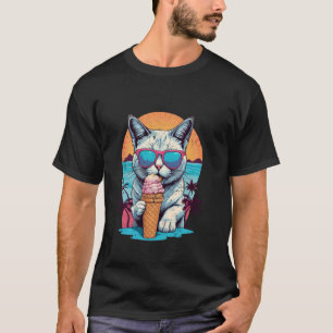 Camiseta Gato con Gafas de Sol Comiendo Helado Vacaciones d