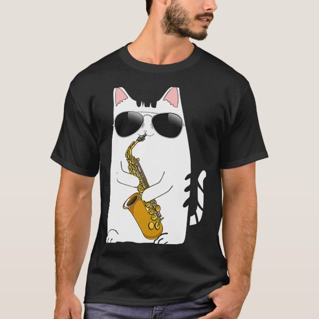 Camiseta Gato Con Gafas De Sol Jugando Saxophoni Saxofonian (Anverso)