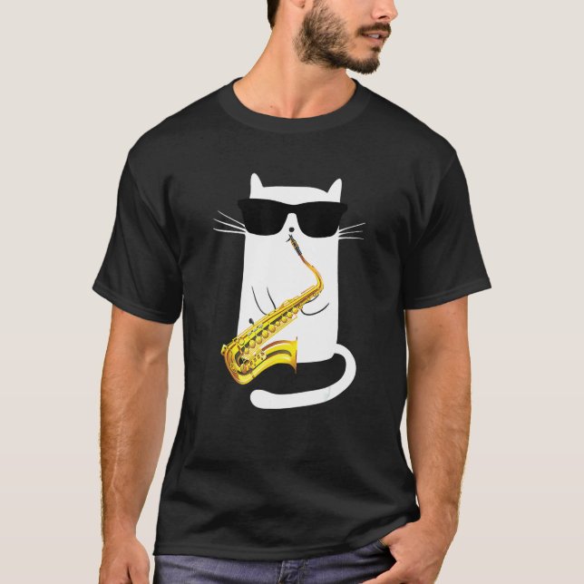 Camiseta Gato con gafas de sol tocando el saxofón (Anverso)