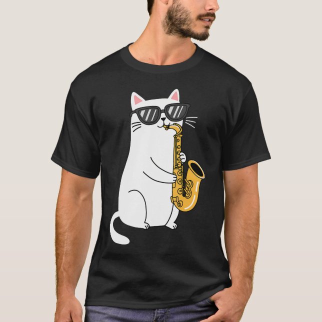 Camiseta Gato con gafas de sol tocando el saxofón (Anverso)