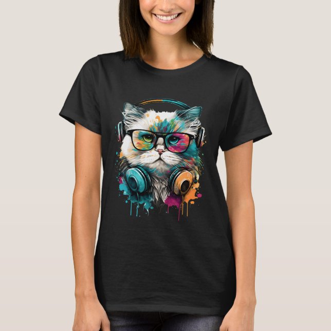 Camiseta Gato con gafas y audífonos (Anverso)