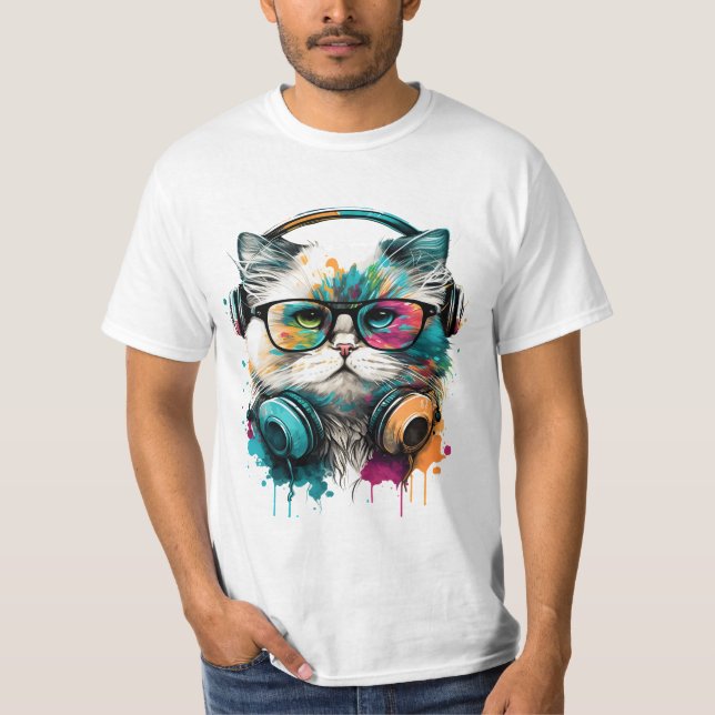 Camiseta Gato con gafas y audífonos (Anverso)