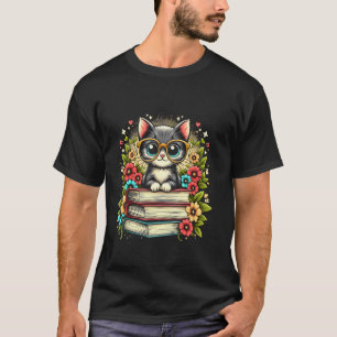 Camiseta Gato con libros y flores para gato lindo y amante