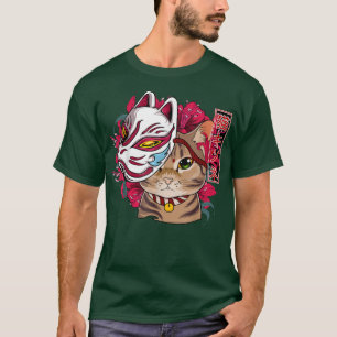 Camiseta Gato Con Máscara De Kitsune Kawaii Anime Gato Japo