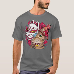 Camiseta Gato Con Máscara De Kitsune Kawaii Anime Gato Japo
