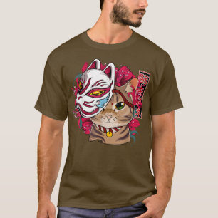 Camiseta Gato Con Máscara De Kitsune Kawaii Anime Gato Japo