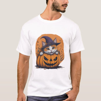 Camiseta Gato con Sombrero de Bruja de Halloween en Calabaz