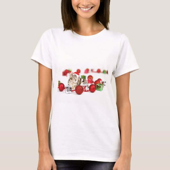 Camiseta Gato con sombrero rojo de Papá Noel Ornamento de N (Anverso)
