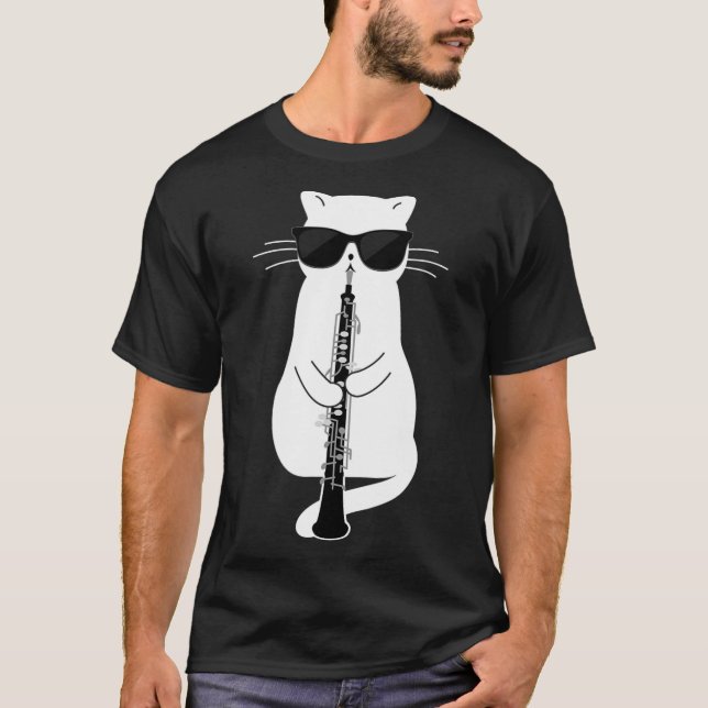 Camiseta Gato Con Sombrillas Jugando A Oboe (Anverso)