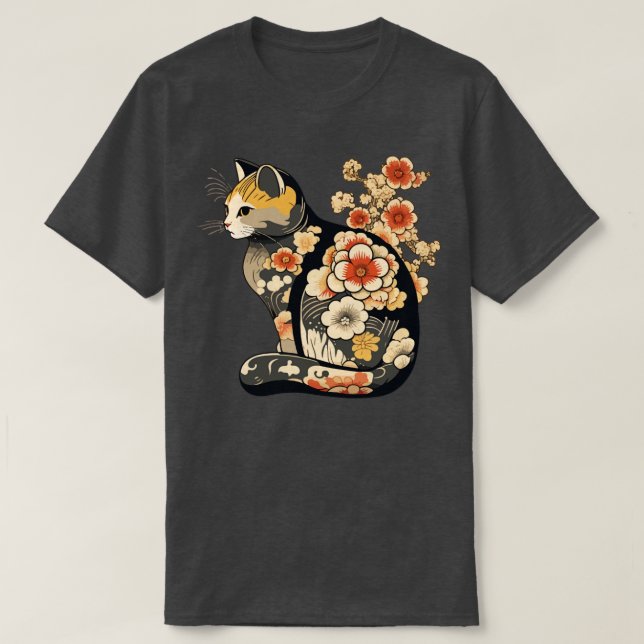 Camiseta Gato con tatuajes florales japoneses (Diseño del anverso)