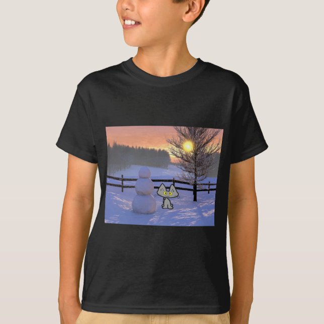 Camiseta Gato con un muñeco de nieve (Anverso)