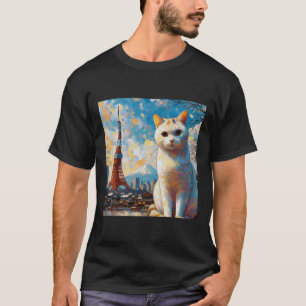 Camiseta Gato con vista a la Torre de Tokio con el Monte Fu