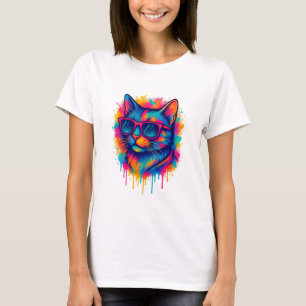 Camiseta Gato Cool Pop-Art con Gafas de Sol